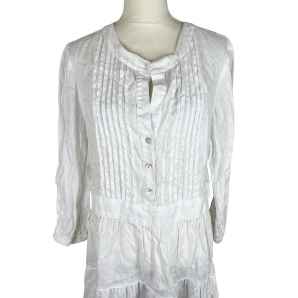Finley 100% Linen White Mini Dress Long Sleeve Pleated V-Neck Button Size Large - Picture 5 of 7